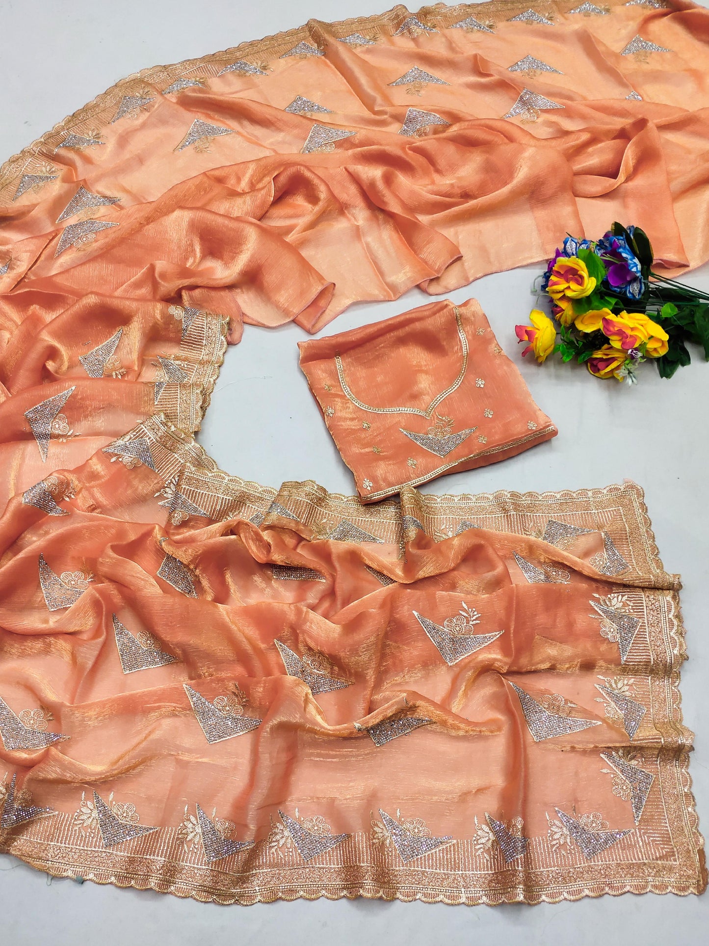 DF-DURVA PREMIUM MULMUL FENDI CHIFFON SAREE INSPIRED BY BOLLYWOOD SAREE WITH PREMIUM LIGHT COLOUR MATCHING WITH HEAVY BLOUSE