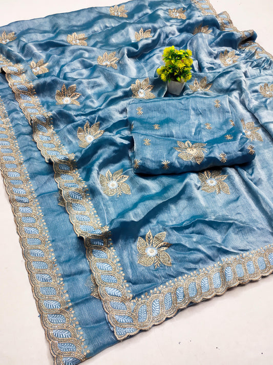 DF-HEAVEN PREMIUM MULMULI CHIFFON SAREE WITH CRAFTED WITH BEAUTIFUL THREAD WORK WITH ELEGANT EMBROIDERY WORK WITH DIAMOND ALL OVER