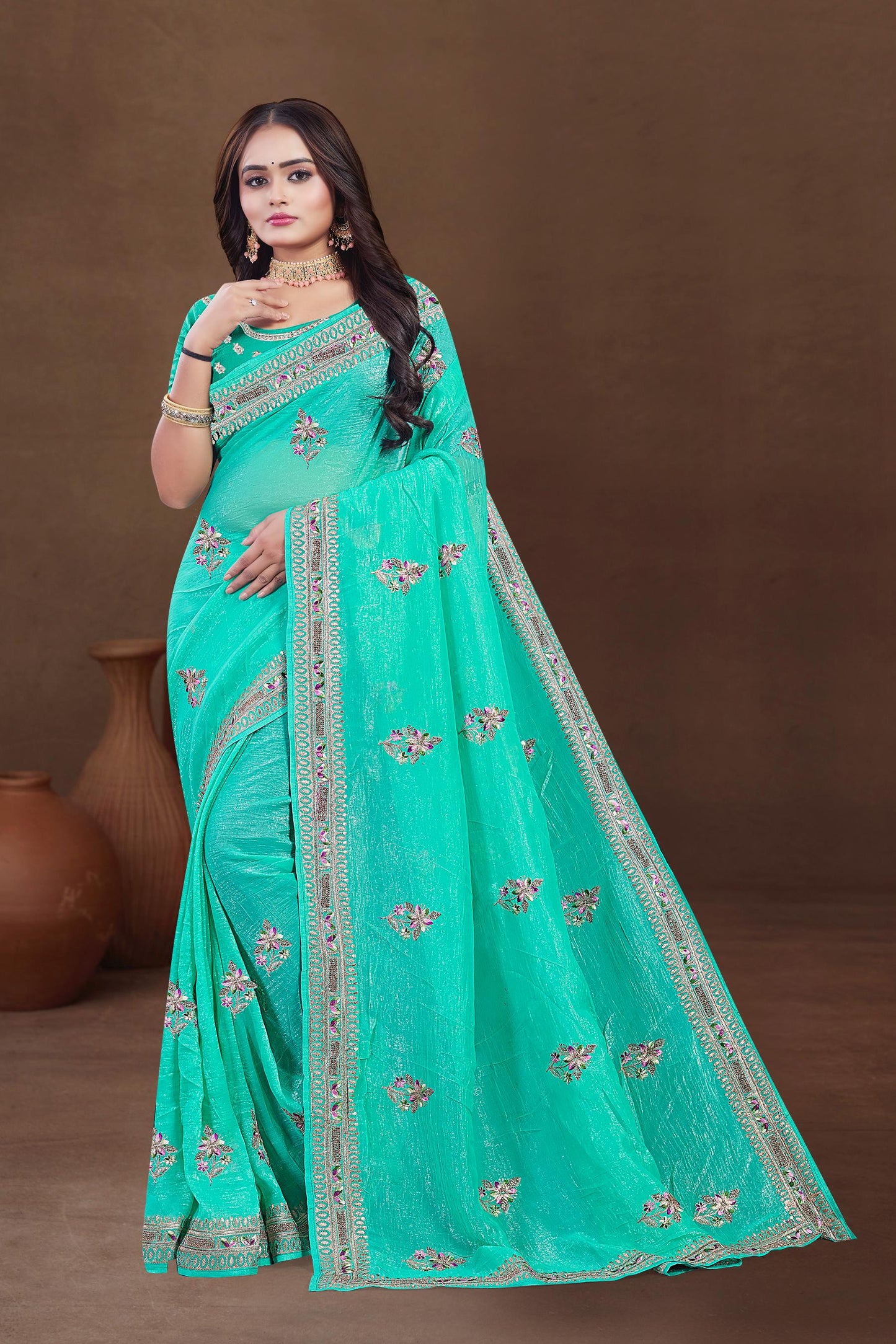 DF-SUNHERI PREMIUM CRUNCHY SAREE WITH BEAUTIFUL THREAD WORK AND EMBROIDERY WORK WITH HEAVY BLOUSE
