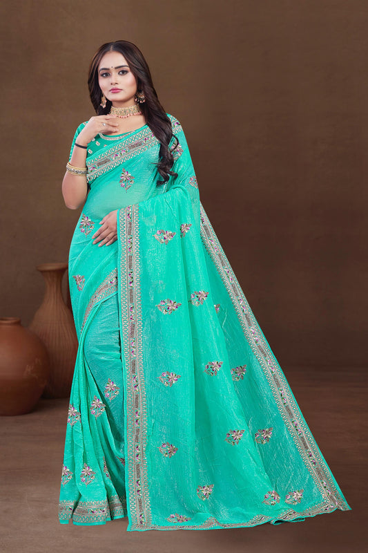 DF-SUNHERI PREMIUM CRUNCHY SAREE WITH BEAUTIFUL THREAD WORK AND EMBROIDERY WORK WITH HEAVY BLOUSE