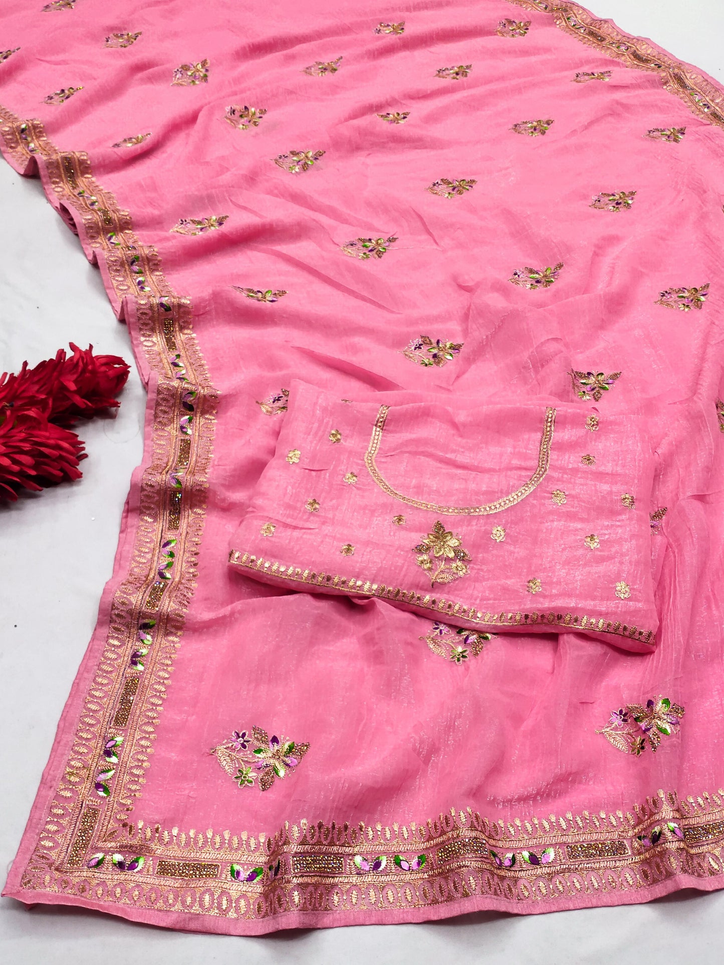 DF-SUNHERI PREMIUM CRUNCHY SAREE WITH BEAUTIFUL THREAD WORK AND EMBROIDERY WORK WITH HEAVY BLOUSE