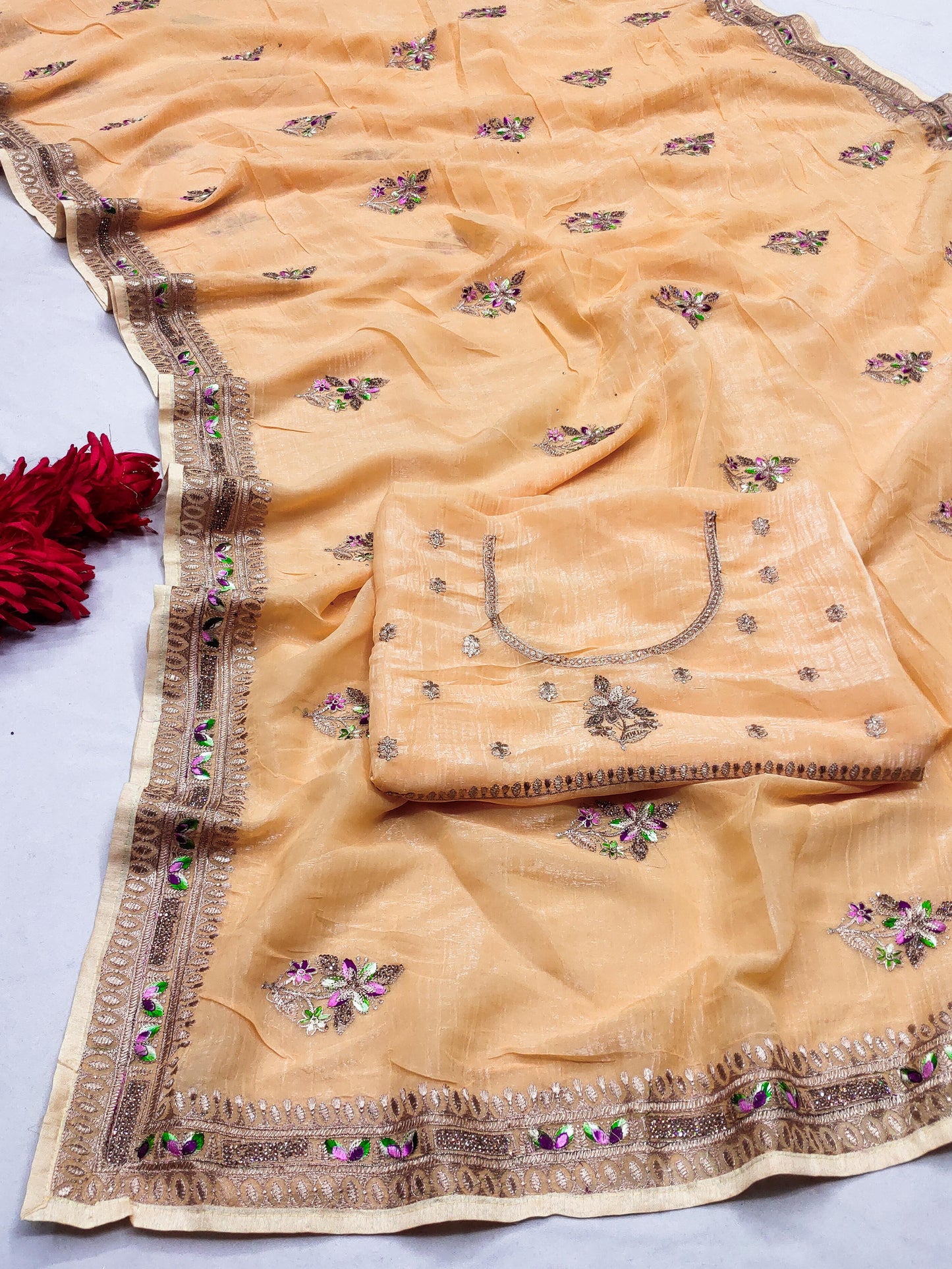DF-SUNHERI PREMIUM CRUNCHY SAREE WITH BEAUTIFUL THREAD WORK AND EMBROIDERY WORK WITH HEAVY BLOUSE