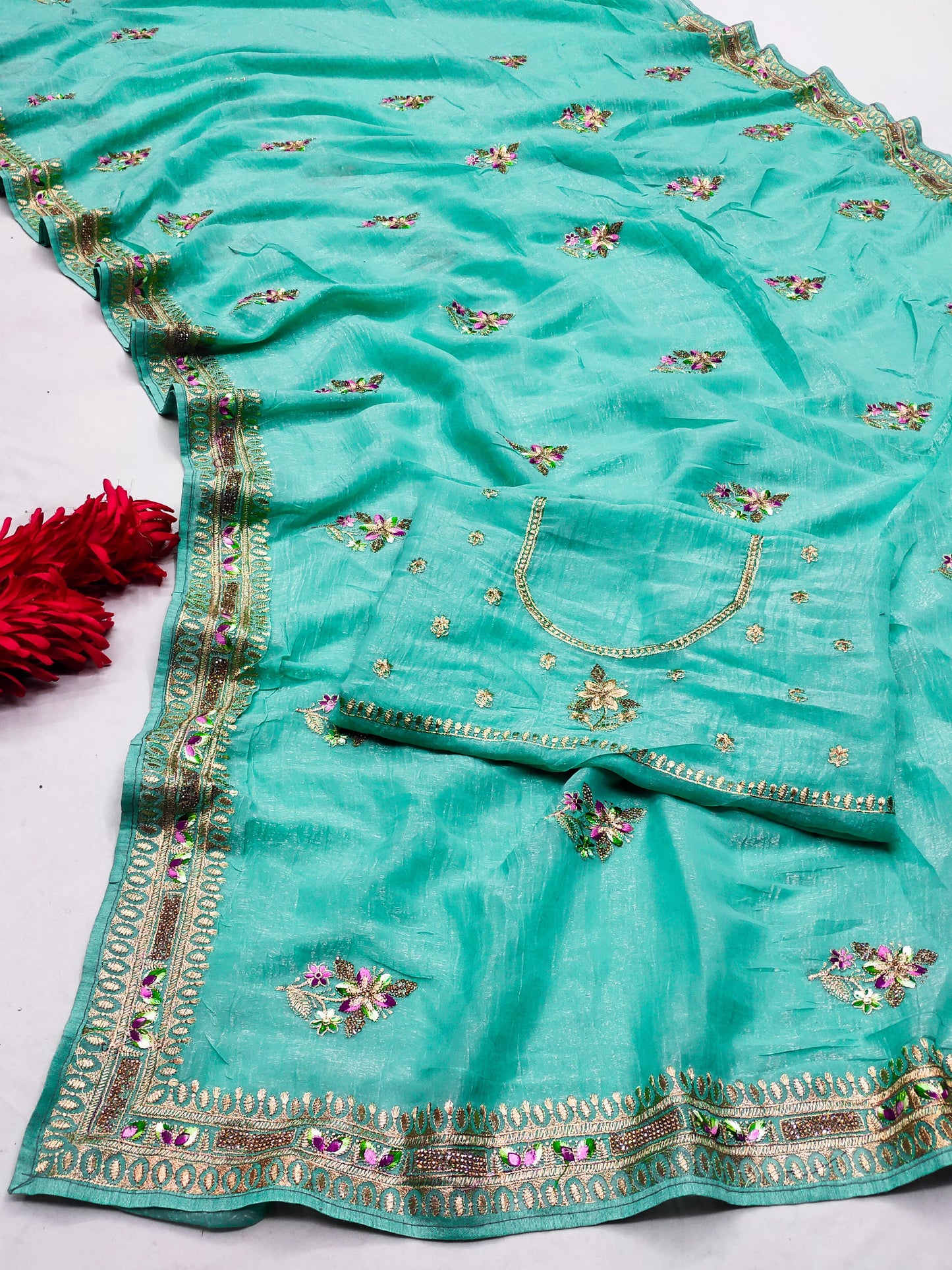 DF-SUNHERI PREMIUM CRUNCHY SAREE WITH BEAUTIFUL THREAD WORK AND EMBROIDERY WORK WITH HEAVY BLOUSE
