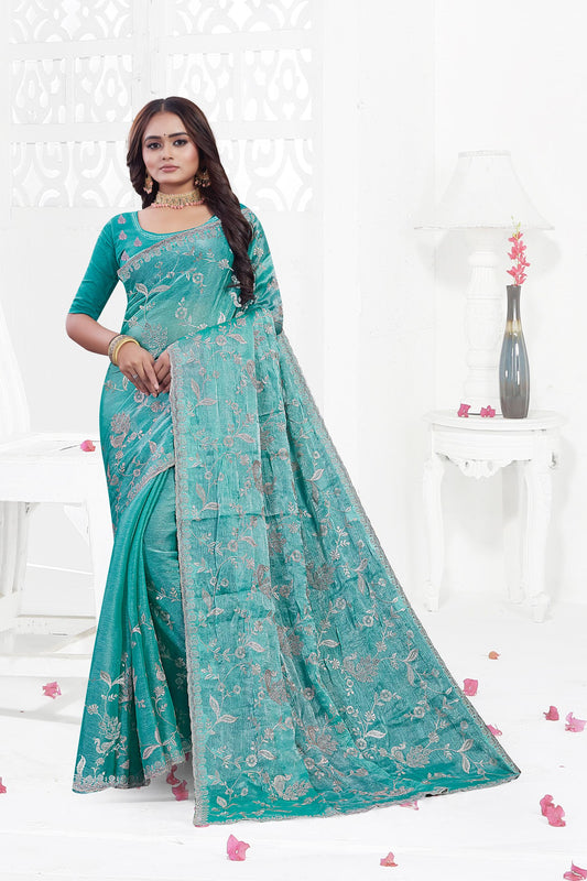 DF-MORNI CRUSH FENDI CHIFFON SAREE WITH BEAUTIFUL PEACOCK DESIGN WITH JARKAN WORK WITH HEAVY BLOUSE