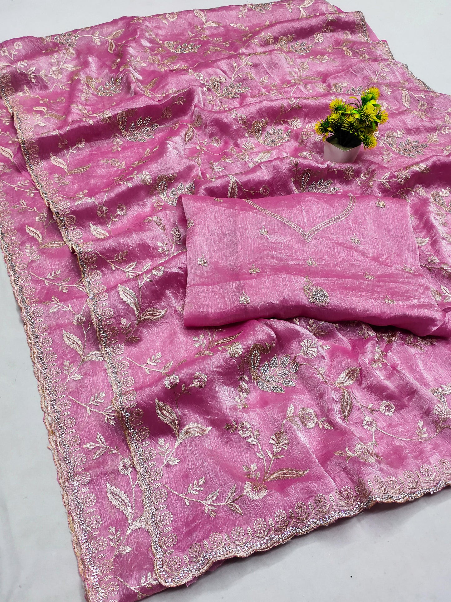 DF-MORNI CRUSH FENDI CHIFFON SAREE WITH BEAUTIFUL PEACOCK DESIGN WITH JARKAN WORK WITH HEAVY BLOUSE