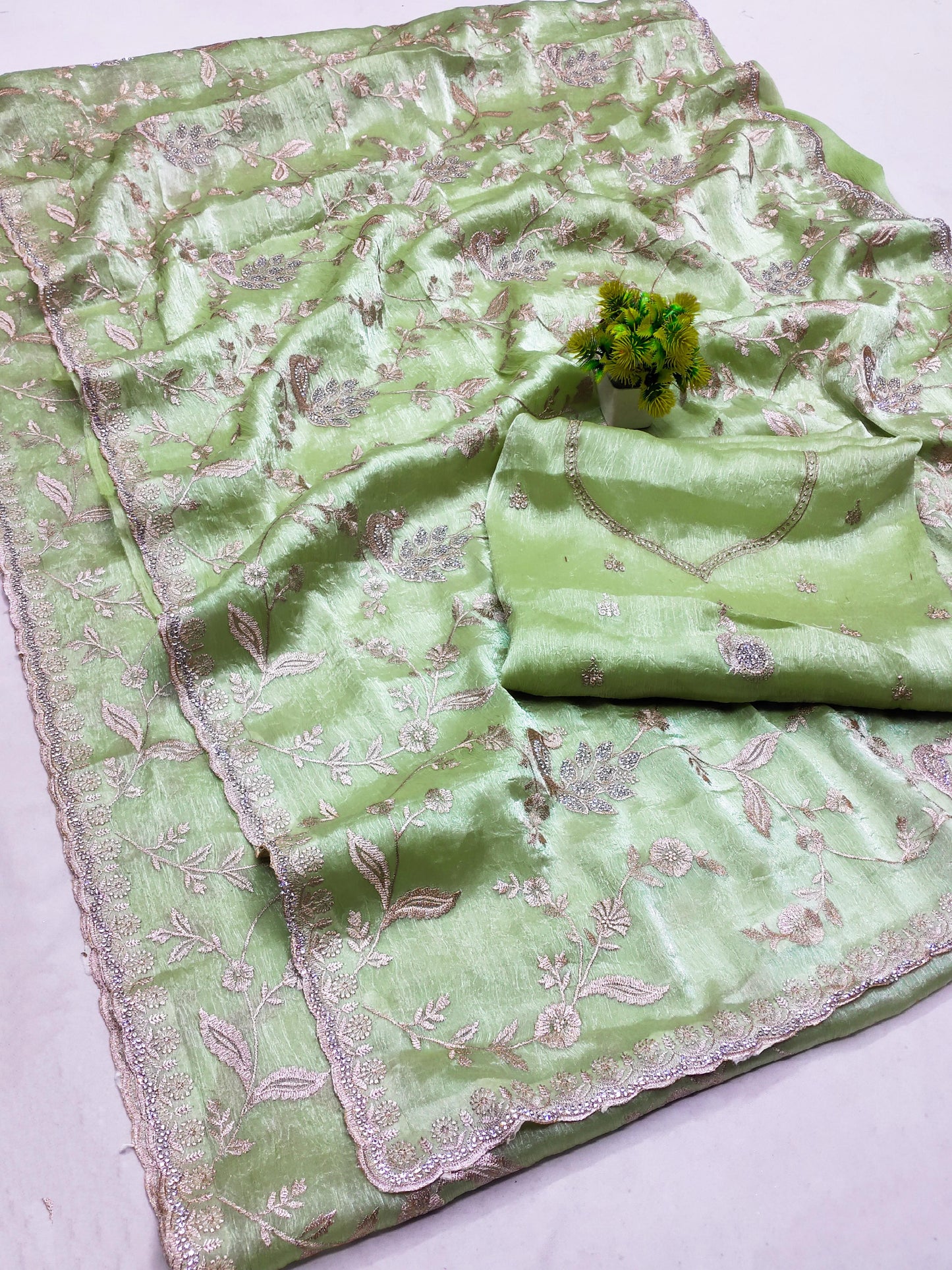 DF-MORNI CRUSH FENDI CHIFFON SAREE WITH BEAUTIFUL PEACOCK DESIGN WITH JARKAN WORK WITH HEAVY BLOUSE