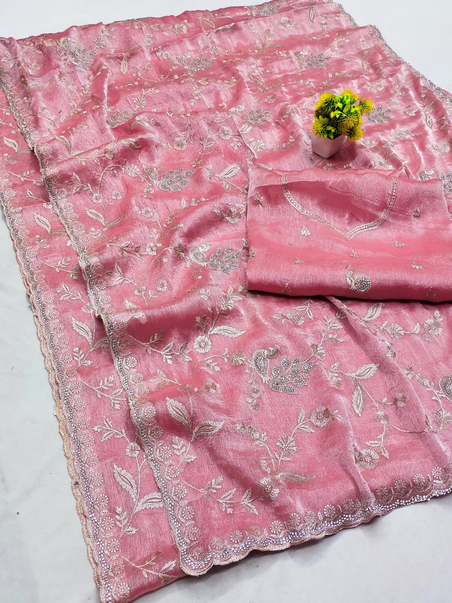 DF-MORNI CRUSH FENDI CHIFFON SAREE WITH BEAUTIFUL PEACOCK DESIGN WITH JARKAN WORK WITH HEAVY BLOUSE