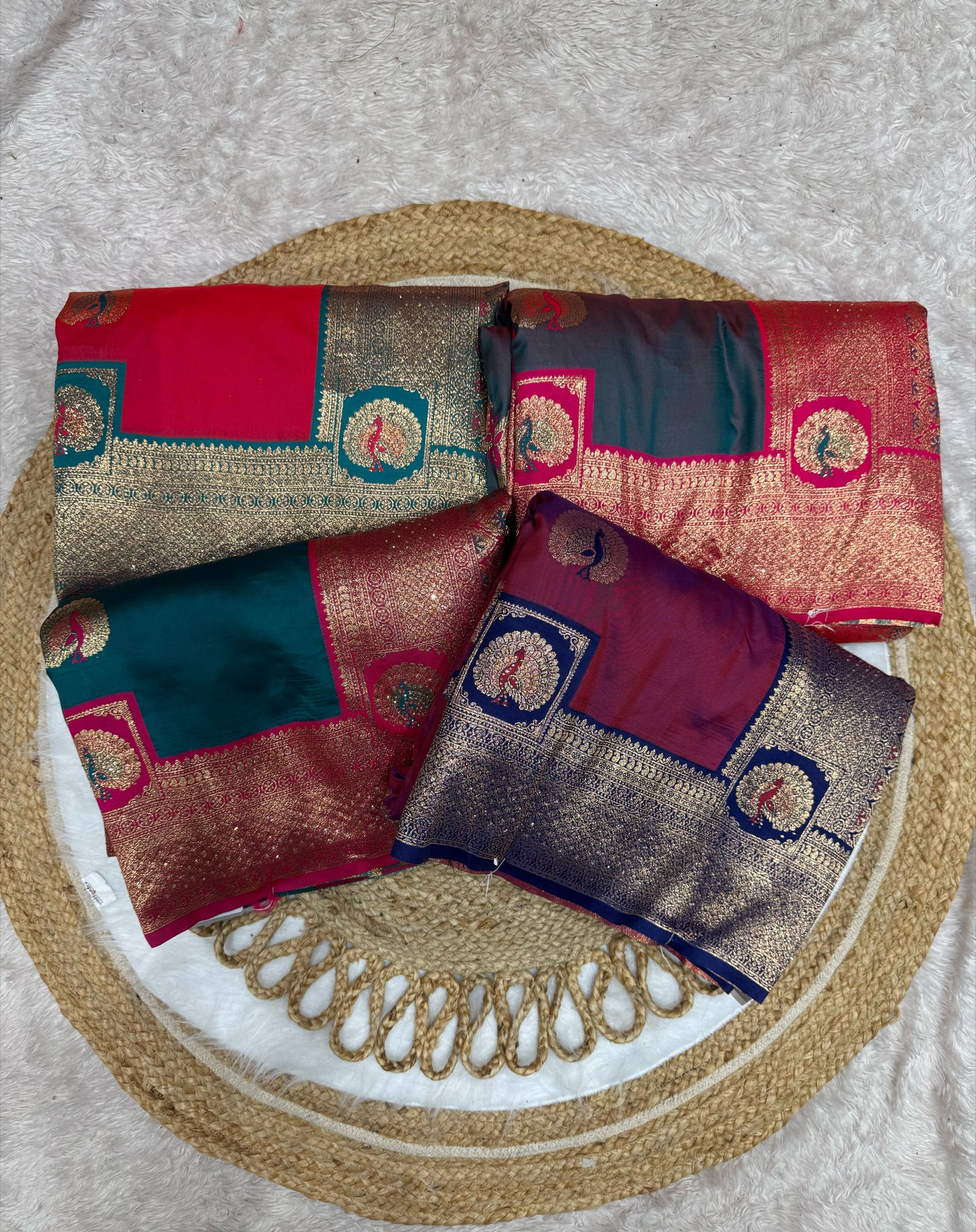 BS-PHOOL-MALA PREMIUM SOFT SILK WITH BEAAUTIFUL PEACOCK DESIGN WITH JARKAN WORK ALL OVER