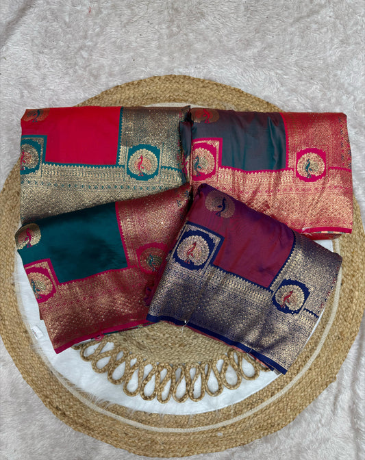 BS-PHOOL-MALA PREMIUM SOFT SILK WITH BEAAUTIFUL PEACOCK DESIGN WITH JARKAN WORK ALL OVER