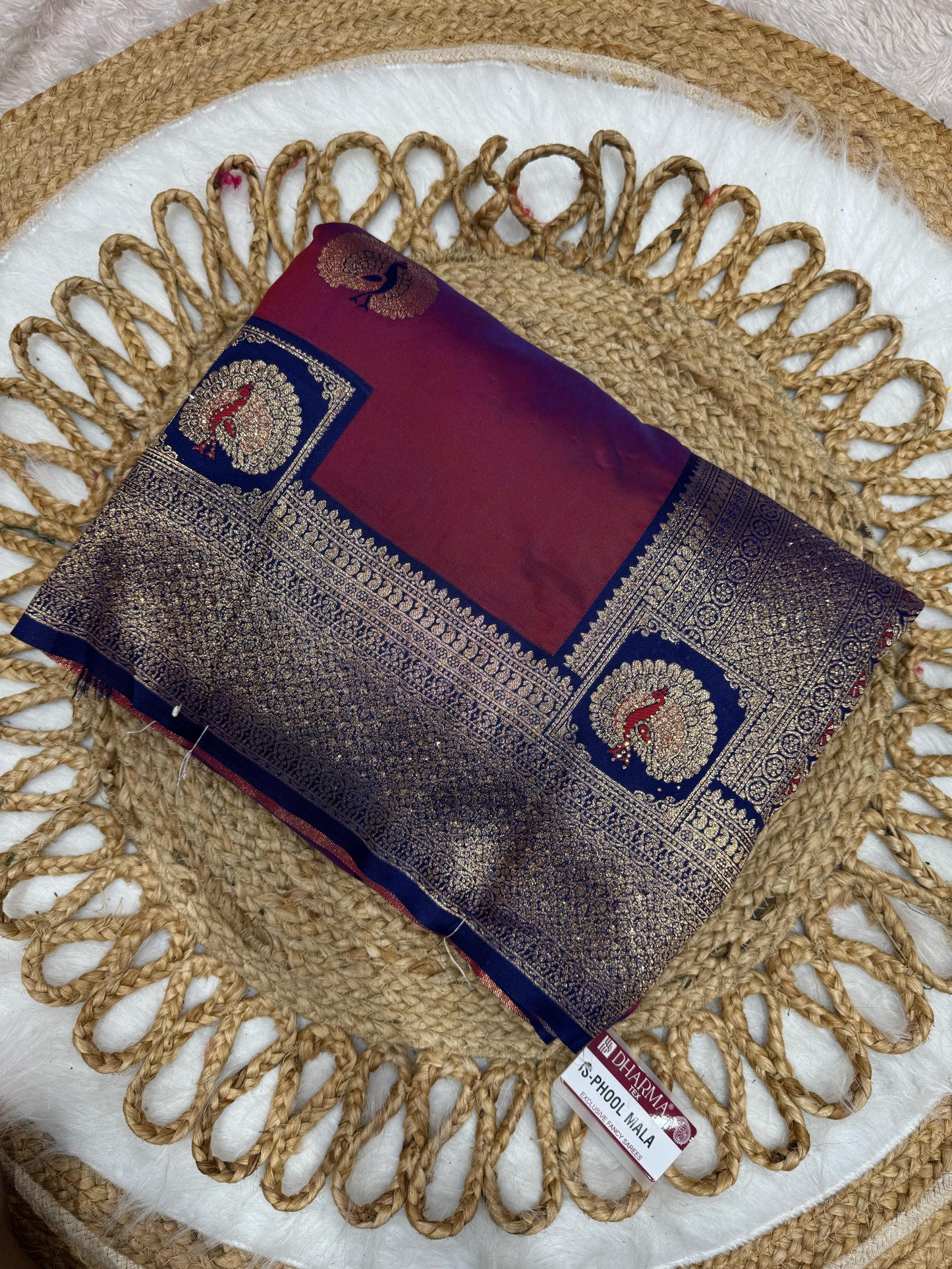 BS-PHOOL-MALA PREMIUM SOFT SILK WITH BEAAUTIFUL PEACOCK DESIGN WITH JARKAN WORK ALL OVER