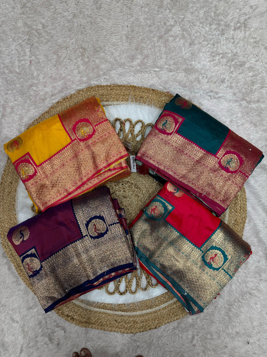 BS-PHOOL-MALA-B PREMIUM SOFT SILK WITH BEAAUTIFUL PEACOCK DESIGN WITH JARKAN WORK ALL OVER
