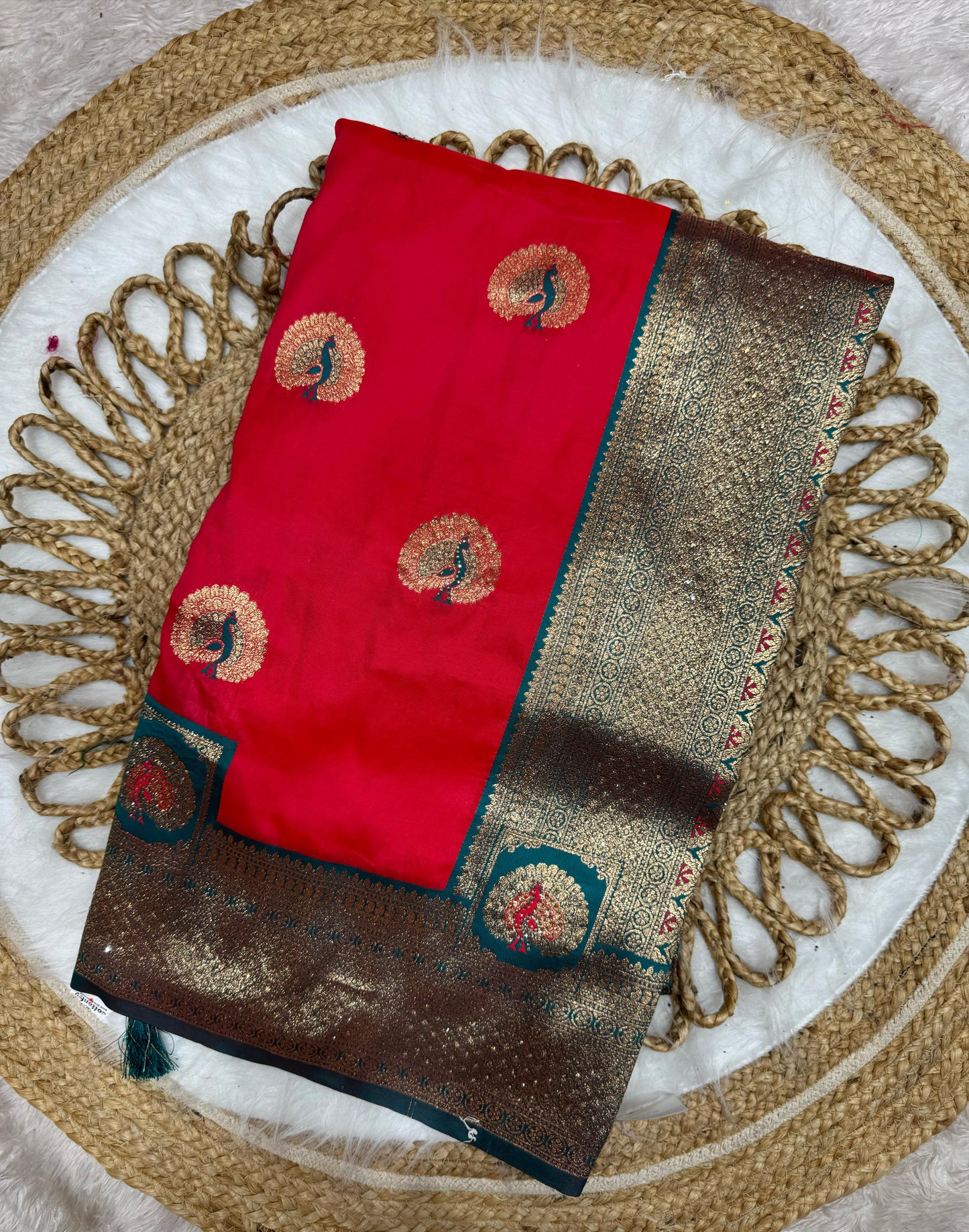 BS-PHOOL-MALA-B PREMIUM SOFT SILK WITH BEAAUTIFUL PEACOCK DESIGN WITH JARKAN WORK ALL OVER