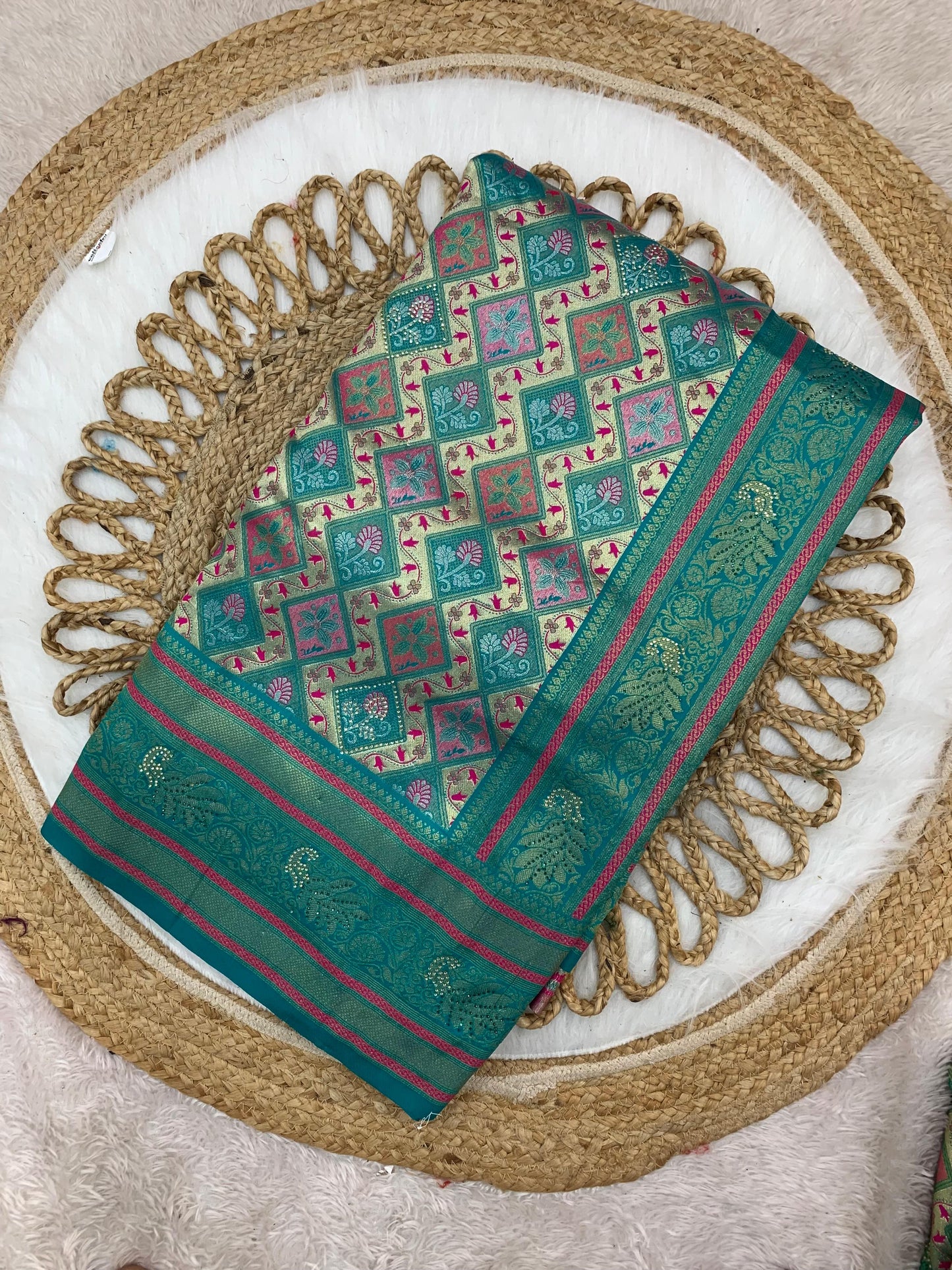 BS-SAUNDRYA PURE PASHMINA DHARMAVARAM SAREE WITH UNIQUE BEAUTIFUL DESIGN CRAFTED WITH JARKAN WORK ALL OVER