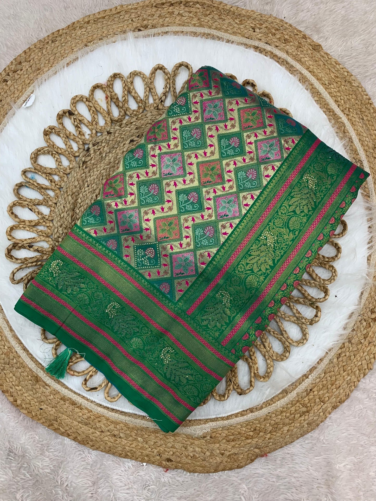 BS-SAUNDRYA PURE PASHMINA DHARMAVARAM SAREE WITH UNIQUE BEAUTIFUL DESIGN CRAFTED WITH JARKAN WORK ALL OVER