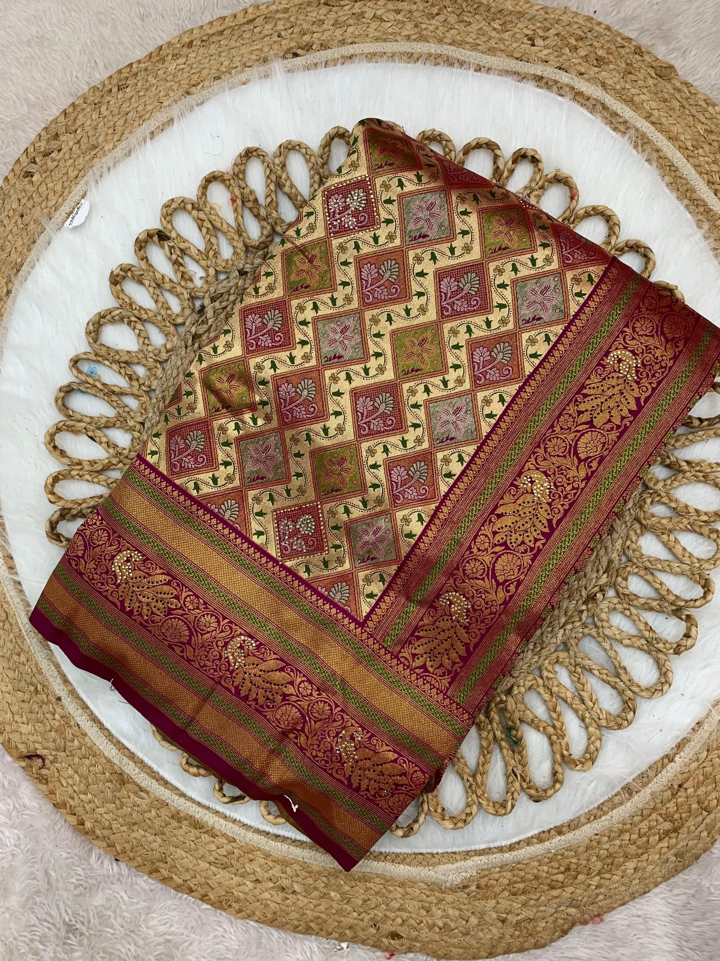 BS-SAUNDRYA PURE PASHMINA DHARMAVARAM SAREE WITH UNIQUE BEAUTIFUL DESIGN CRAFTED WITH JARKAN WORK ALL OVER