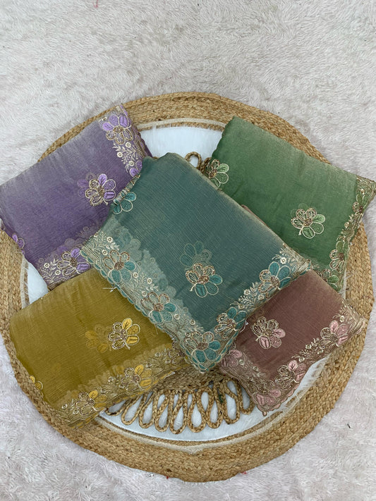 BS-SINDOOR FENDI GOLD SAREE WITH HEAVY HANDWORK JARAKAN WORK WITH THREAD WORK ALL OVER