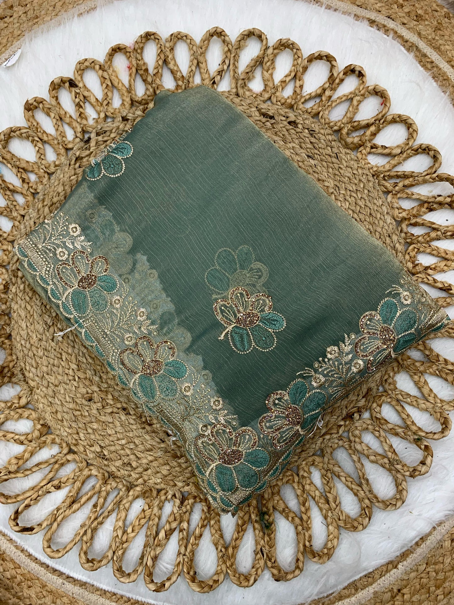 BS-SINDOOR FENDI GOLD SAREE WITH HEAVY HANDWORK JARAKAN WORK WITH THREAD WORK ALL OVER