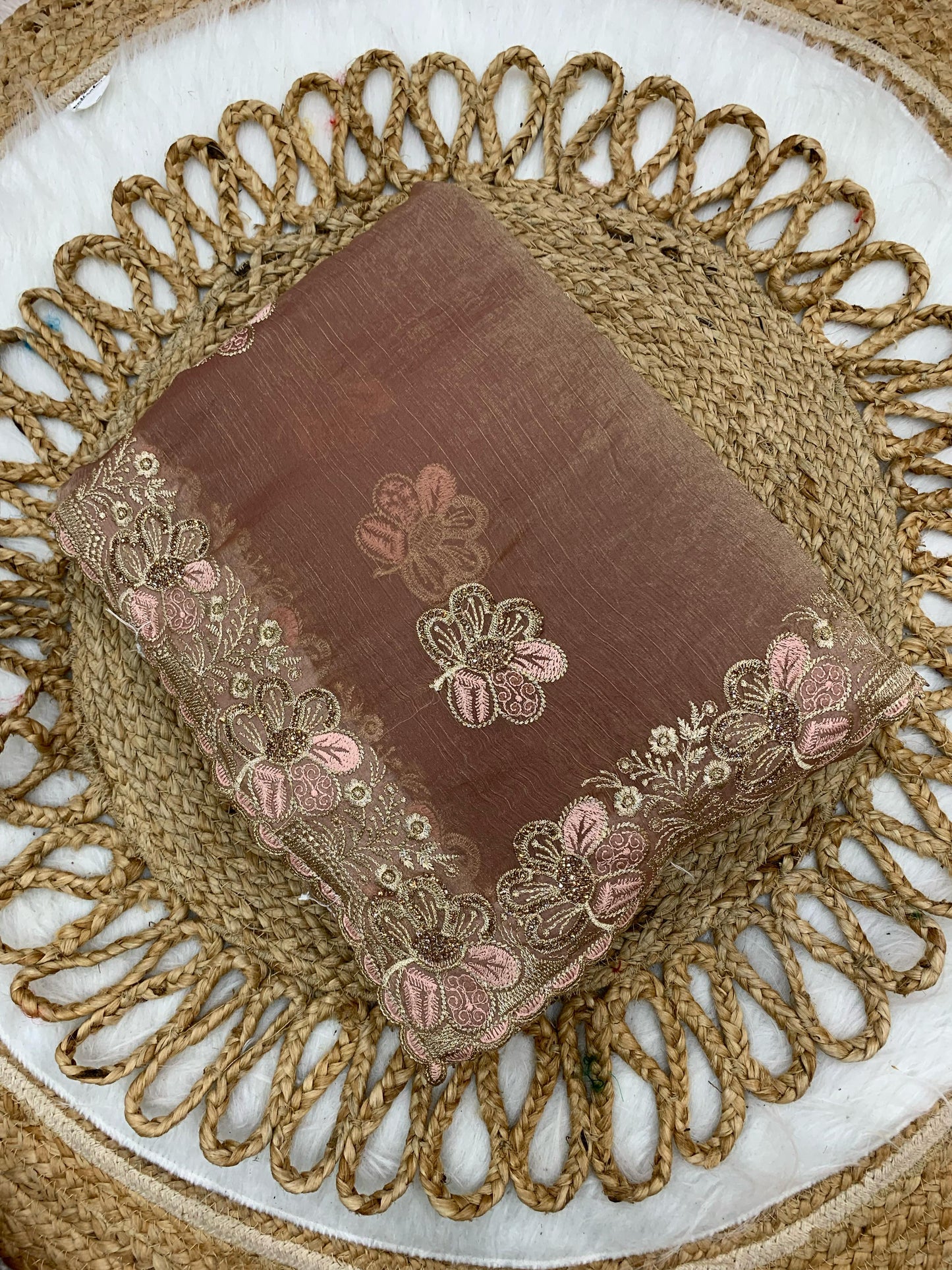 BS-SINDOOR FENDI GOLD SAREE WITH HEAVY HANDWORK JARAKAN WORK WITH THREAD WORK ALL OVER