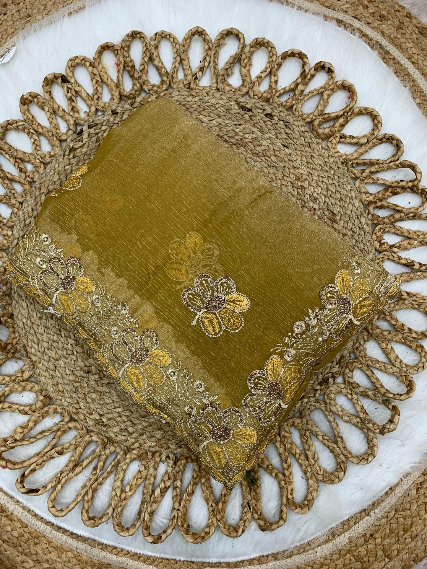 BS-SINDOOR FENDI GOLD SAREE WITH HEAVY HANDWORK JARAKAN WORK WITH THREAD WORK ALL OVER
