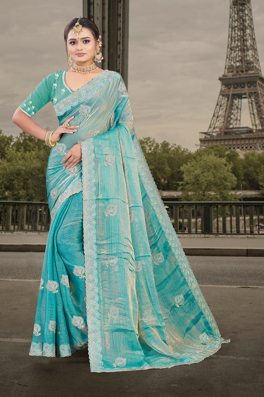 DF-PATNA FENDI CHIFFON SAREE WITH BEAUTIFUL LEAF DESIGN WITH SIROSKI WORK BOLLYWOOD SAREE WITH HEAVY BLOUSE