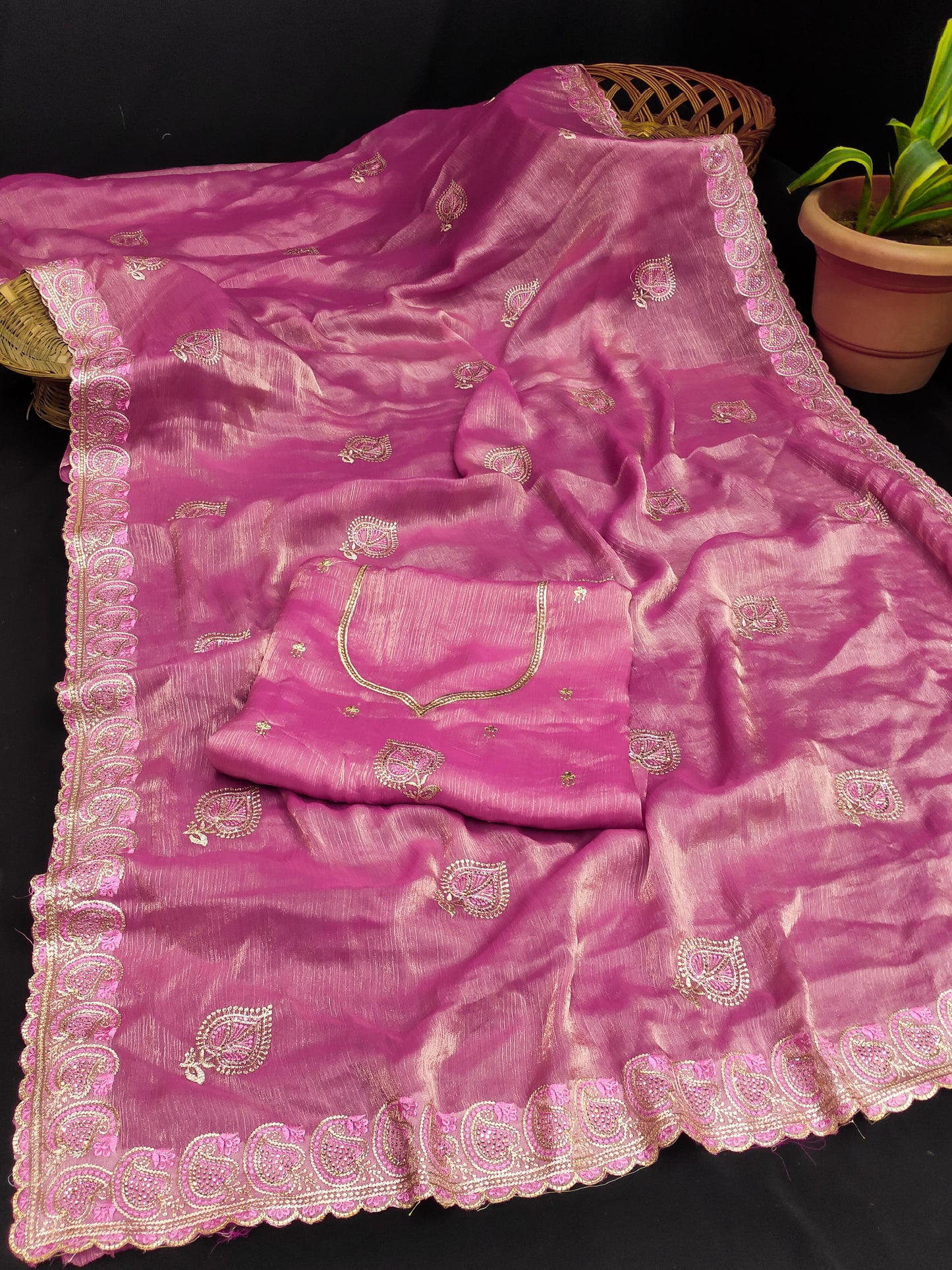 DF-PATNA FENDI CHIFFON SAREE WITH BEAUTIFUL LEAF DESIGN WITH SIROSKI WORK BOLLYWOOD SAREE WITH HEAVY BLOUSE