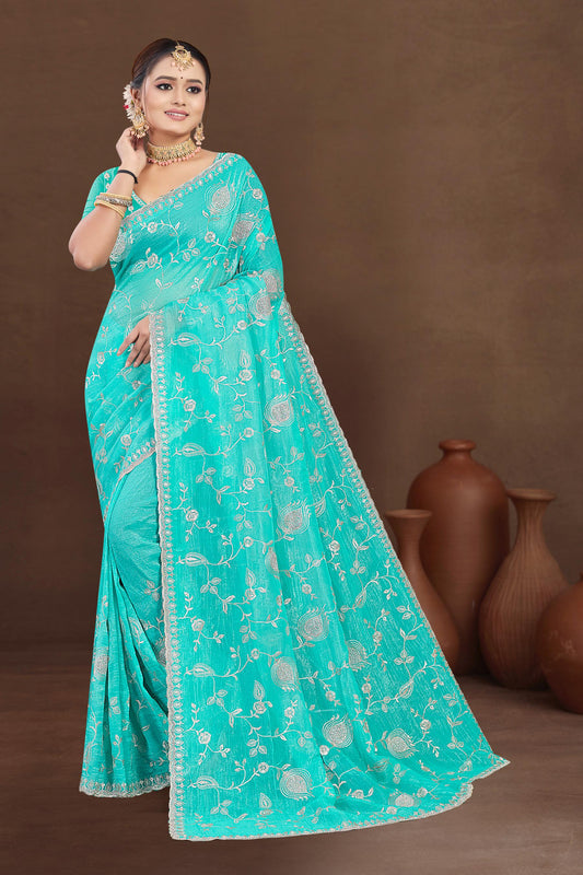 DF-BAGHBAN SUPER PREMIUM CRUSH SAREE WITH BEAUTIFUL JHAL WORK WITH TRISHUL DESIGN WITH JARKAN WORK ALL OVER