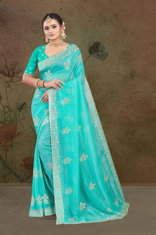 DF-SONIYA CRUNCHY SAREE WITH BEAUTIFUL JAREE FLOWER DESIGN WITH JARKAN WORK WITH HEAVY BLOUSE