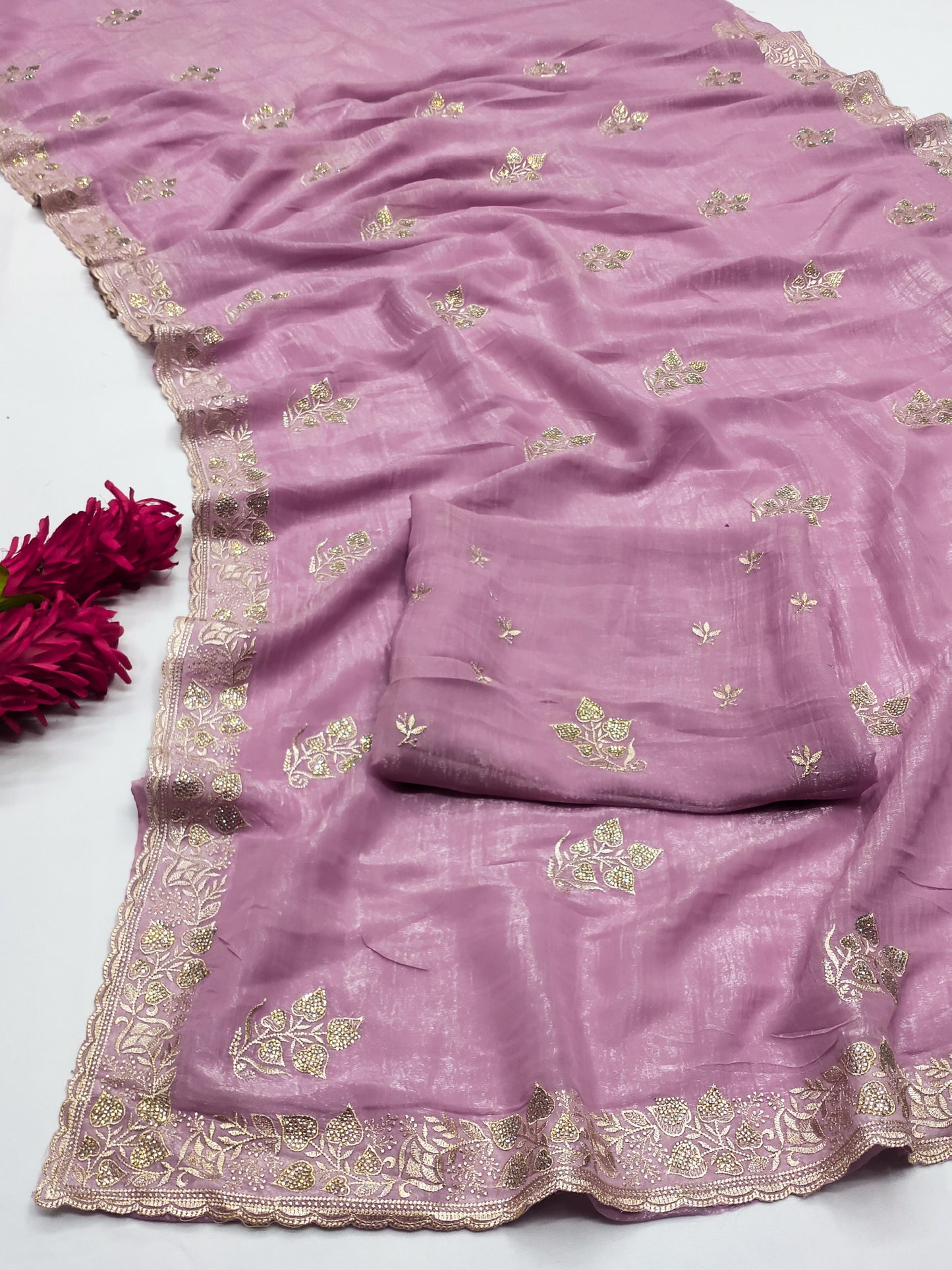 DF-SONIYA CRUNCHY SAREE WITH BEAUTIFUL JAREE FLOWER DESIGN WITH JARKAN WORK WITH HEAVY BLOUSE