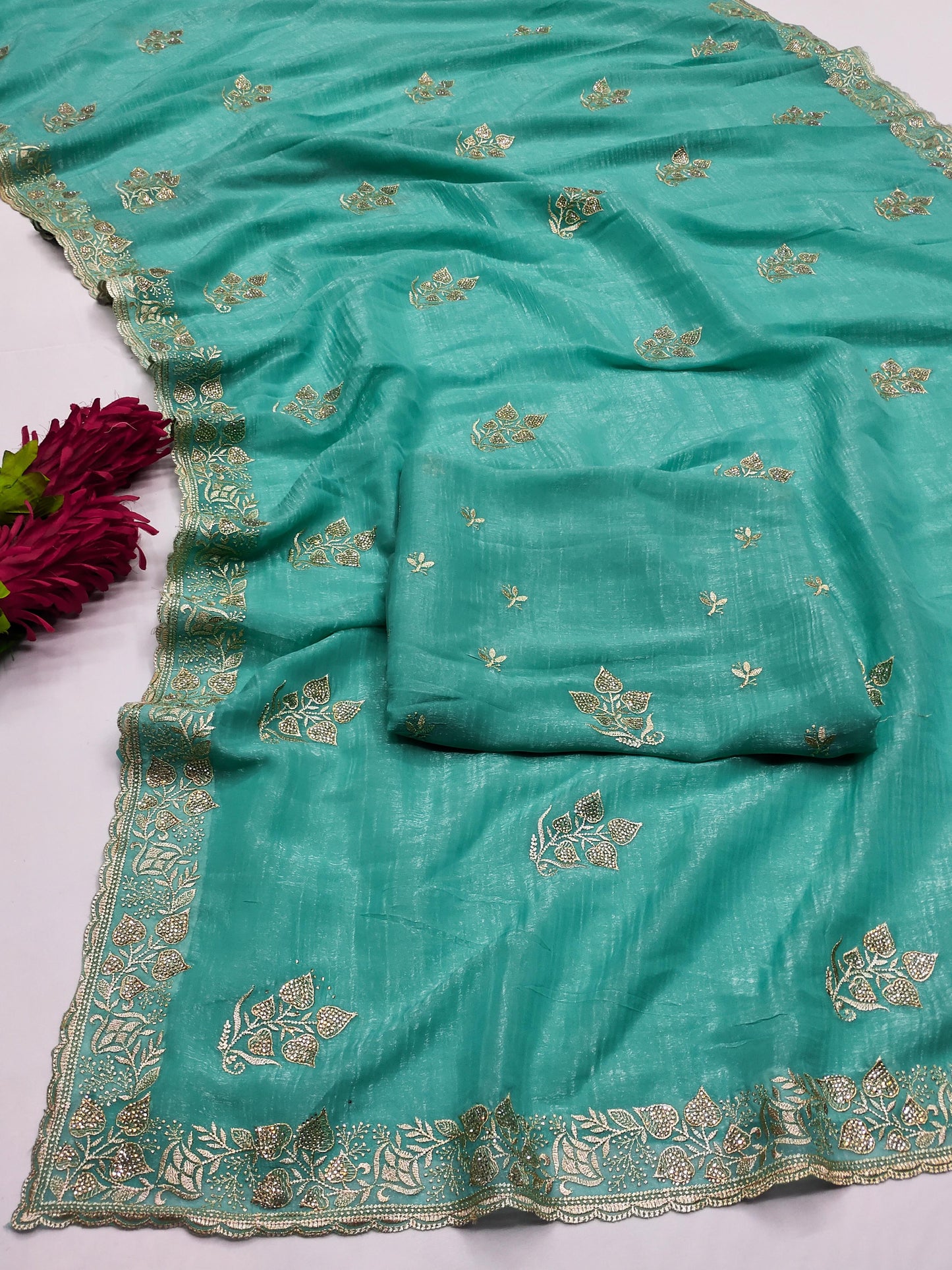 DF-SONIYA CRUNCHY SAREE WITH BEAUTIFUL JAREE FLOWER DESIGN WITH JARKAN WORK WITH HEAVY BLOUSE