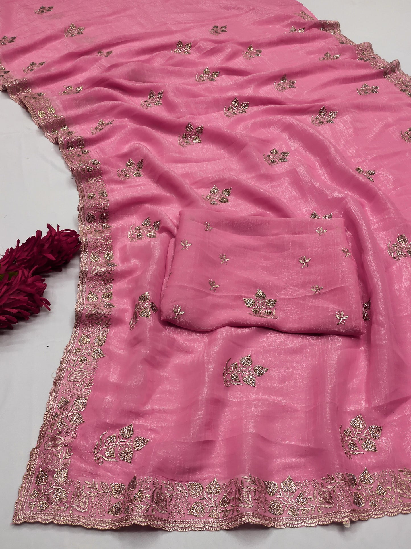 DF-SONIYA CRUNCHY SAREE WITH BEAUTIFUL JAREE FLOWER DESIGN WITH JARKAN WORK WITH HEAVY BLOUSE