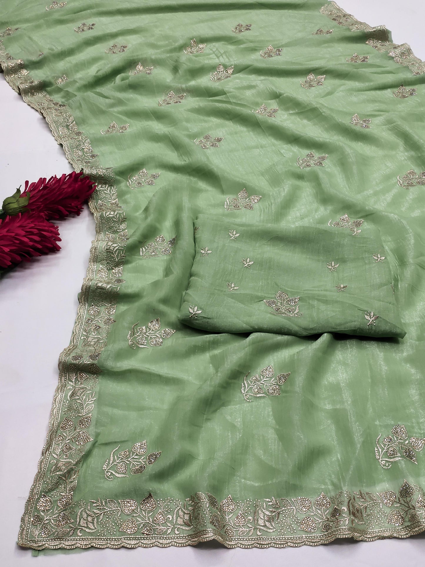 DF-SONIYA CRUNCHY SAREE WITH BEAUTIFUL JAREE FLOWER DESIGN WITH JARKAN WORK WITH HEAVY BLOUSE