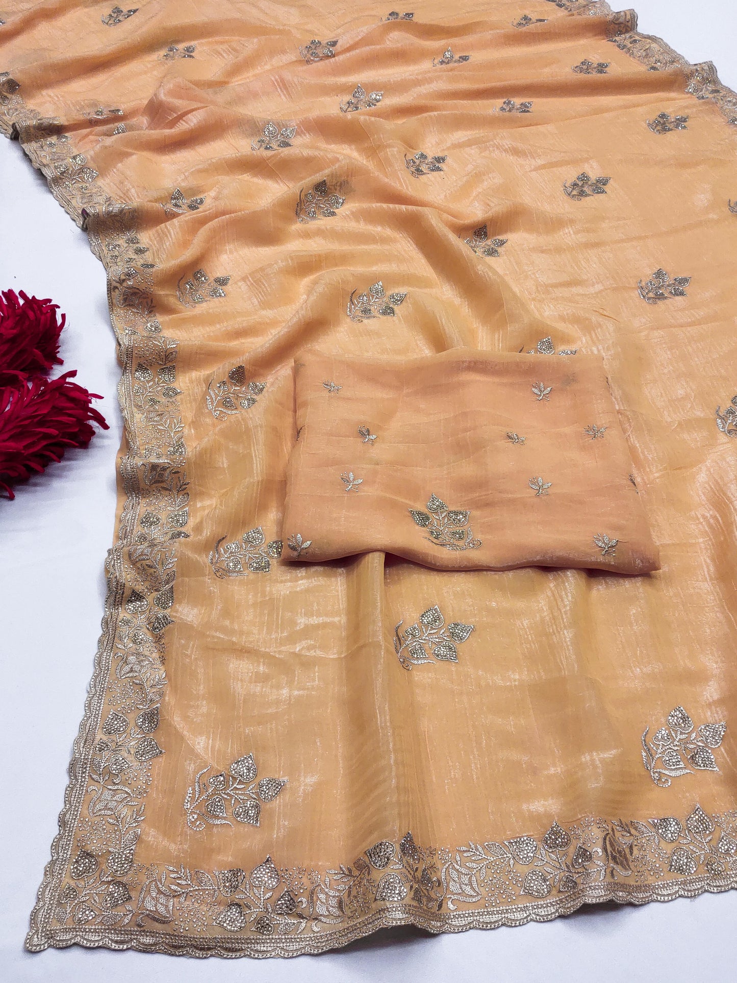 DF-SONIYA CRUNCHY SAREE WITH BEAUTIFUL JAREE FLOWER DESIGN WITH JARKAN WORK WITH HEAVY BLOUSE