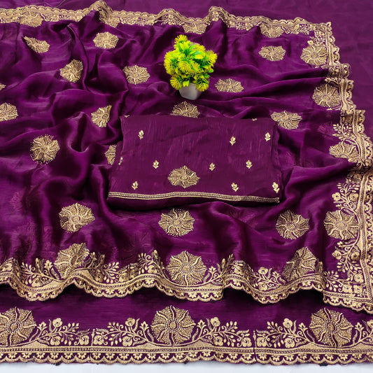 DF-CHAKARI FENDI SAREE HEAVY EMBORIDERY WORK ALL OVER WITH SIROSKI WORK ON BHUTA WITH HEAVY BLOUSE
