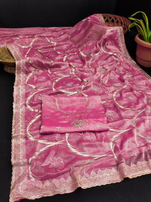 DF-VARTMAAN FENDI CHIFFON SAREE WITH BEAUTIFUL UNIQUE DESIGNER PIECE WITH FLOWER BHUTA WITH SIROSKI WORK