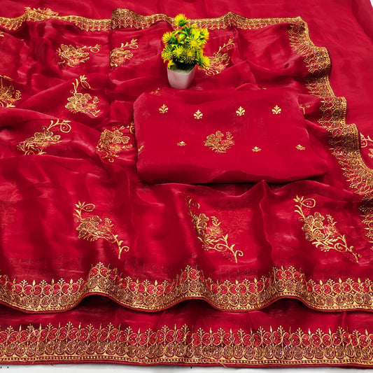 DF-APSARA FENDI CHIFFON SAREE WITH THREAD WORK WITH JAREE WORK BEAUTIFUL FLOWER DESIGN