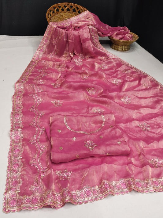 DF-ARACHNA MULMUL CHIFFON SAREE WUTH THREAD WORK AND BEAUTIFUL EMBROIDER WORK WITH HEAVY BLOUSE