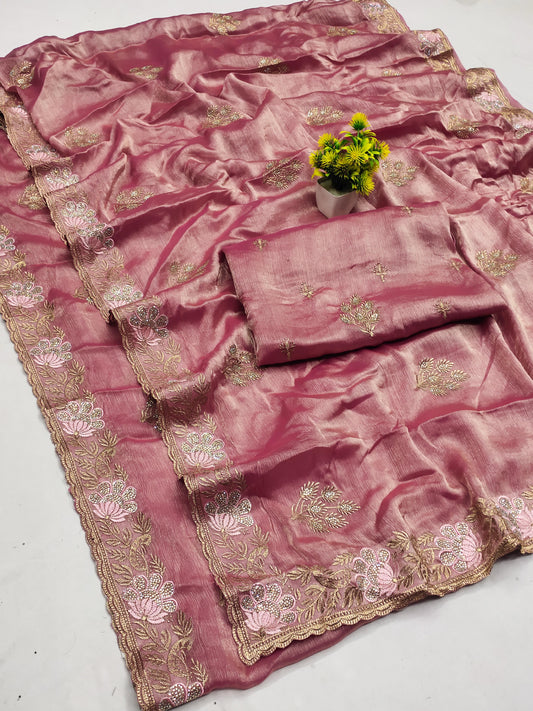 DF-RADHA FENDI GOLD SAREE WITH LOTUS DESIGNED WITH THREAD WORK DIAMOND ON BUTTI  WITH HEAVY BLOUSE