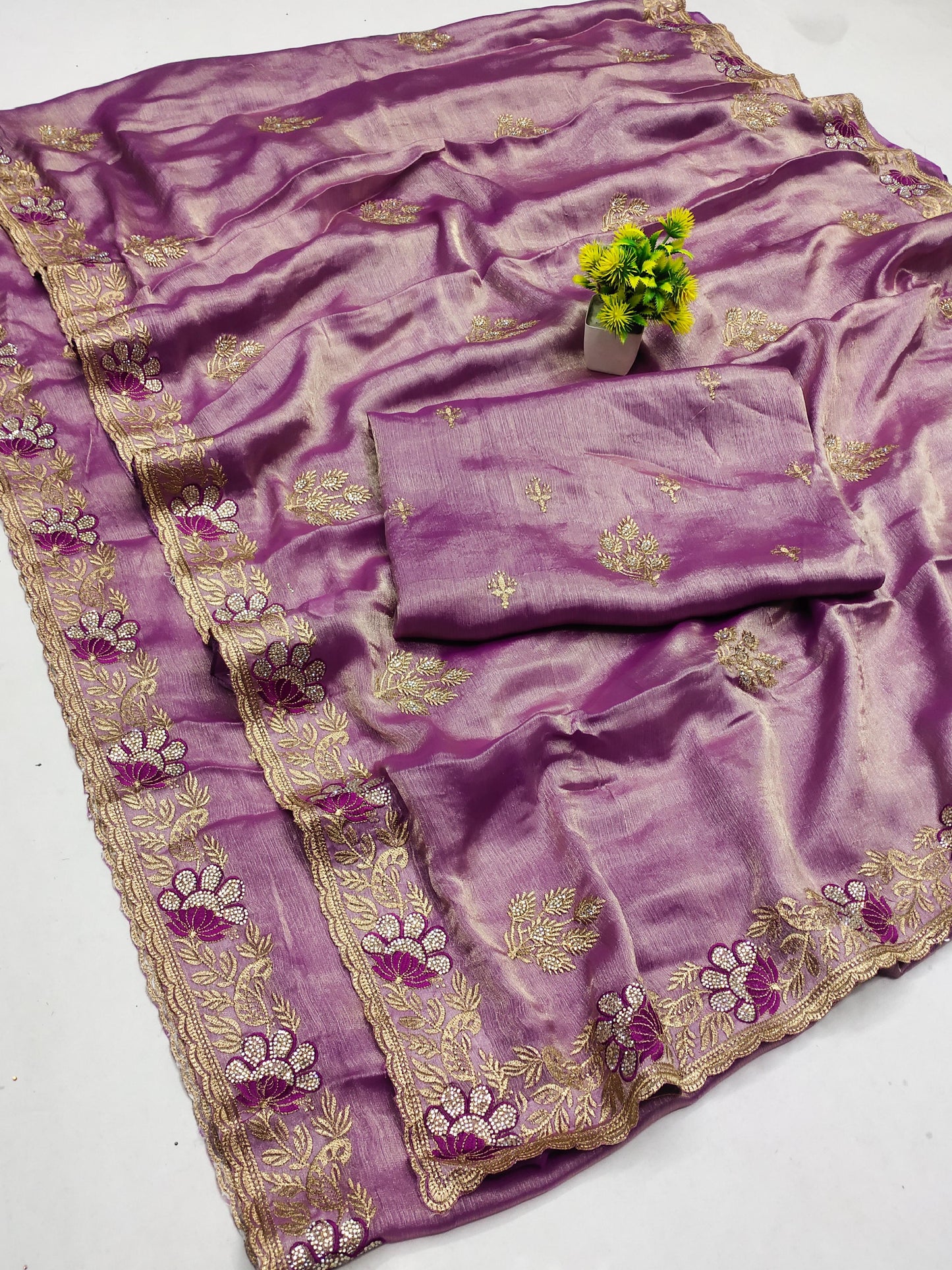 DF-RADHA FENDI GOLD SAREE WITH LOTUS DESIGNED WITH THREAD WORK DIAMOND ON BUTTI  WITH HEAVY BLOUSE