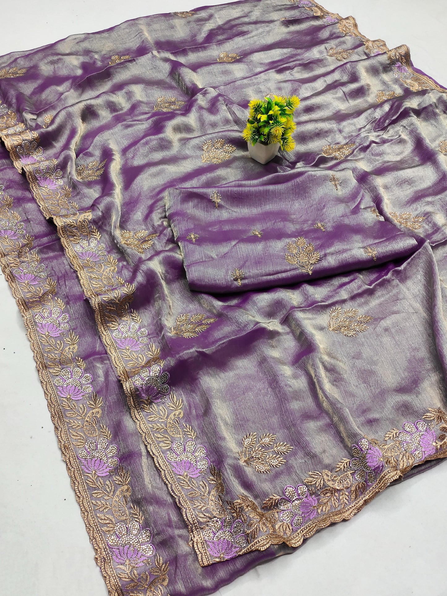 DF-RADHA FENDI GOLD SAREE WITH LOTUS DESIGNED WITH THREAD WORK DIAMOND ON BUTTI  WITH HEAVY BLOUSE