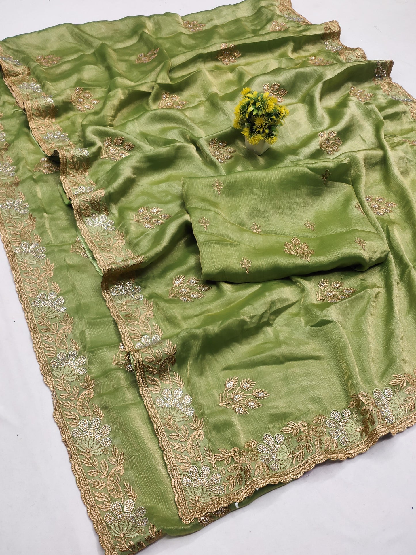 DF-RADHA FENDI GOLD SAREE WITH LOTUS DESIGNED WITH THREAD WORK DIAMOND ON BUTTI  WITH HEAVY BLOUSE