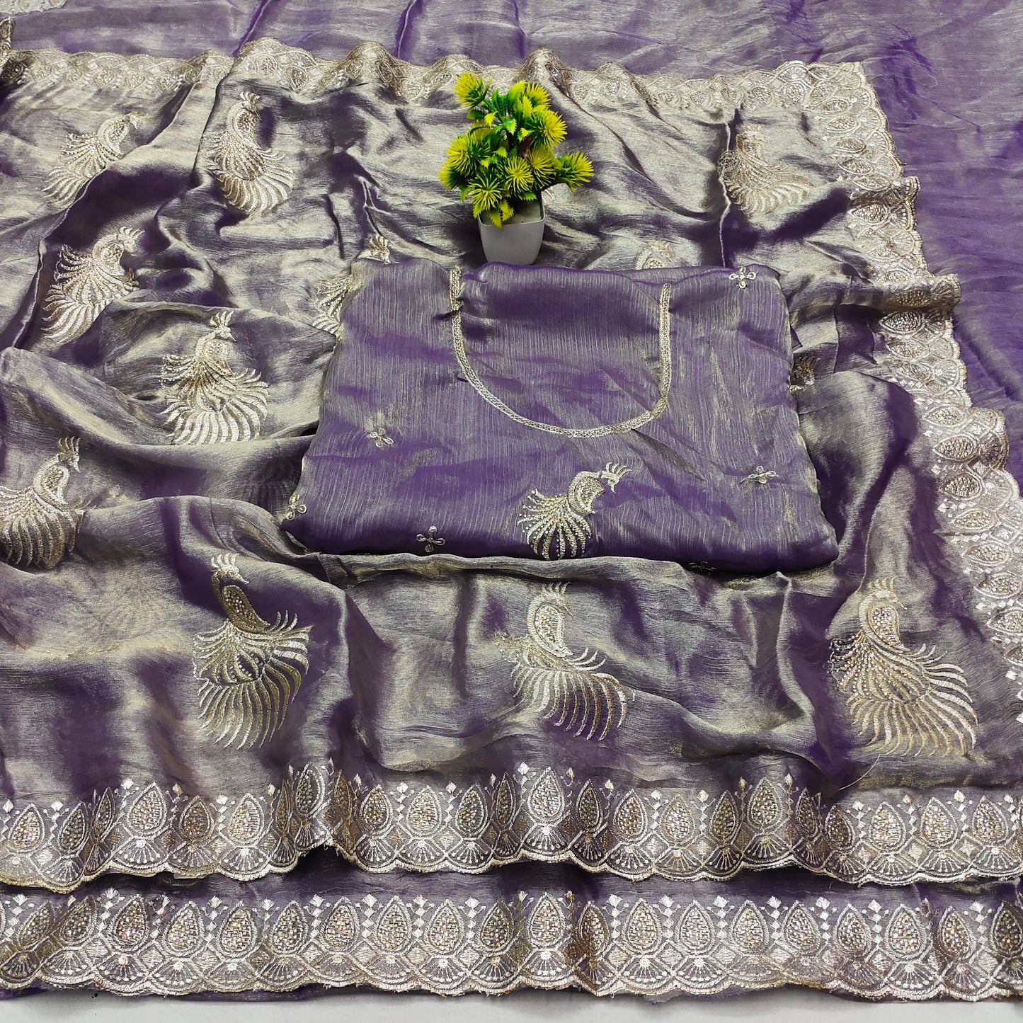 DF-NORA MULMUL CHIFFON SAREE WITH BEAUTIFUL PEACOCK DESIGN WITH BEAUTIFUL BORER WITH SIROSKI ALL OVER