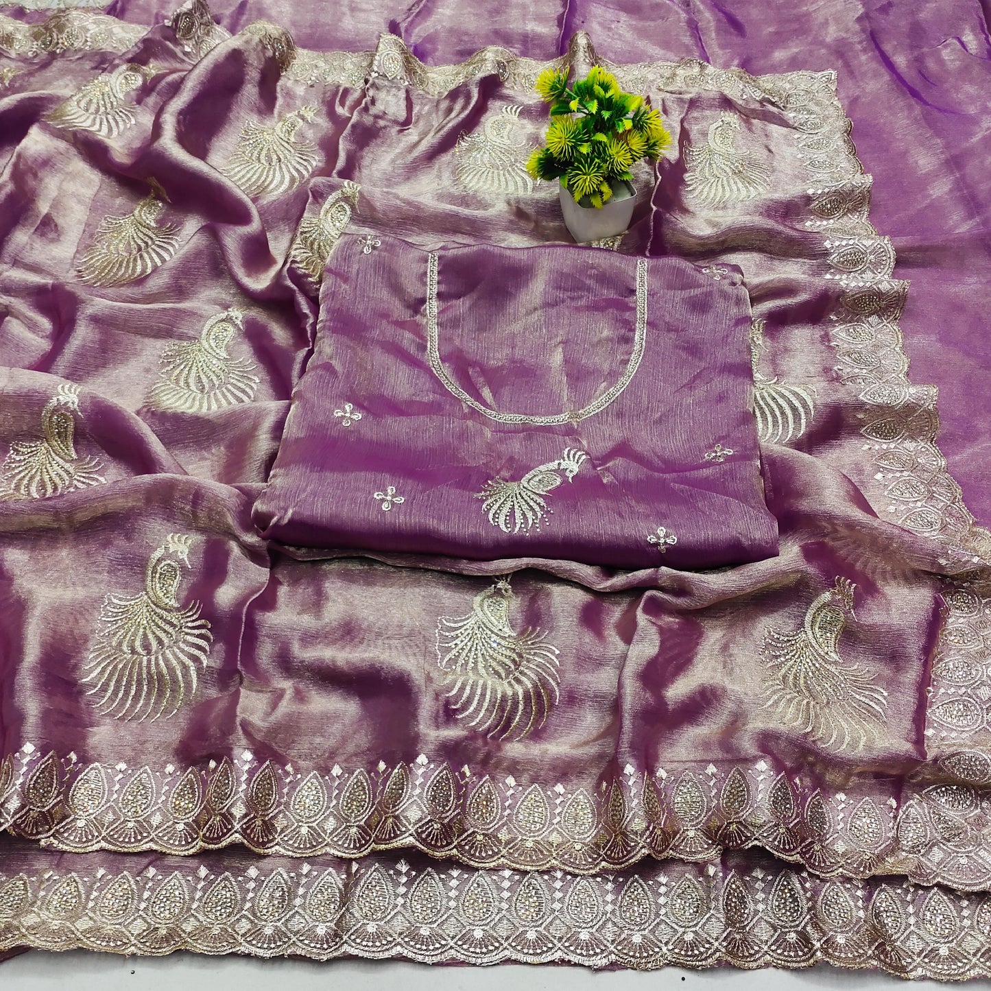 DF-NORA MULMUL CHIFFON SAREE WITH BEAUTIFUL PEACOCK DESIGN WITH BEAUTIFUL BORER WITH SIROSKI ALL OVER
