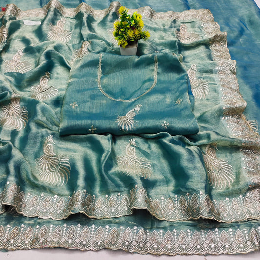 DF-NORA MULMUL CHIFFON SAREE WITH BEAUTIFUL PEACOCK DESIGN WITH BEAUTIFUL BORER WITH SIROSKI ALL OVER