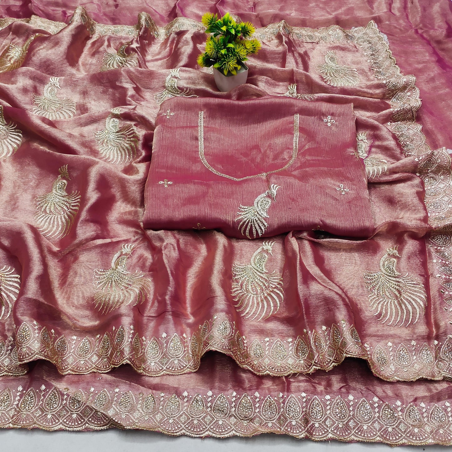 DF-NORA MULMUL CHIFFON SAREE WITH BEAUTIFUL PEACOCK DESIGN WITH BEAUTIFUL BORER WITH SIROSKI ALL OVER