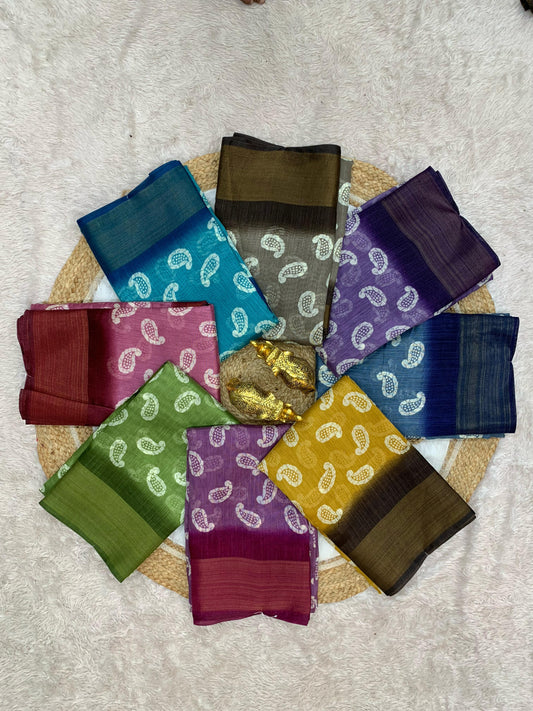 CP-7063 LINEN COTTON SAREE WITH BEAUTIFUL CARRY PRINT WITH CRYSTAL PATTA