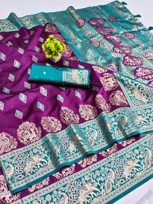 AJ-MASAKALI Soft Finish Silk Saree with Patola and Figures Jari Weaving all over the body with Contrast Pallu and Blouse