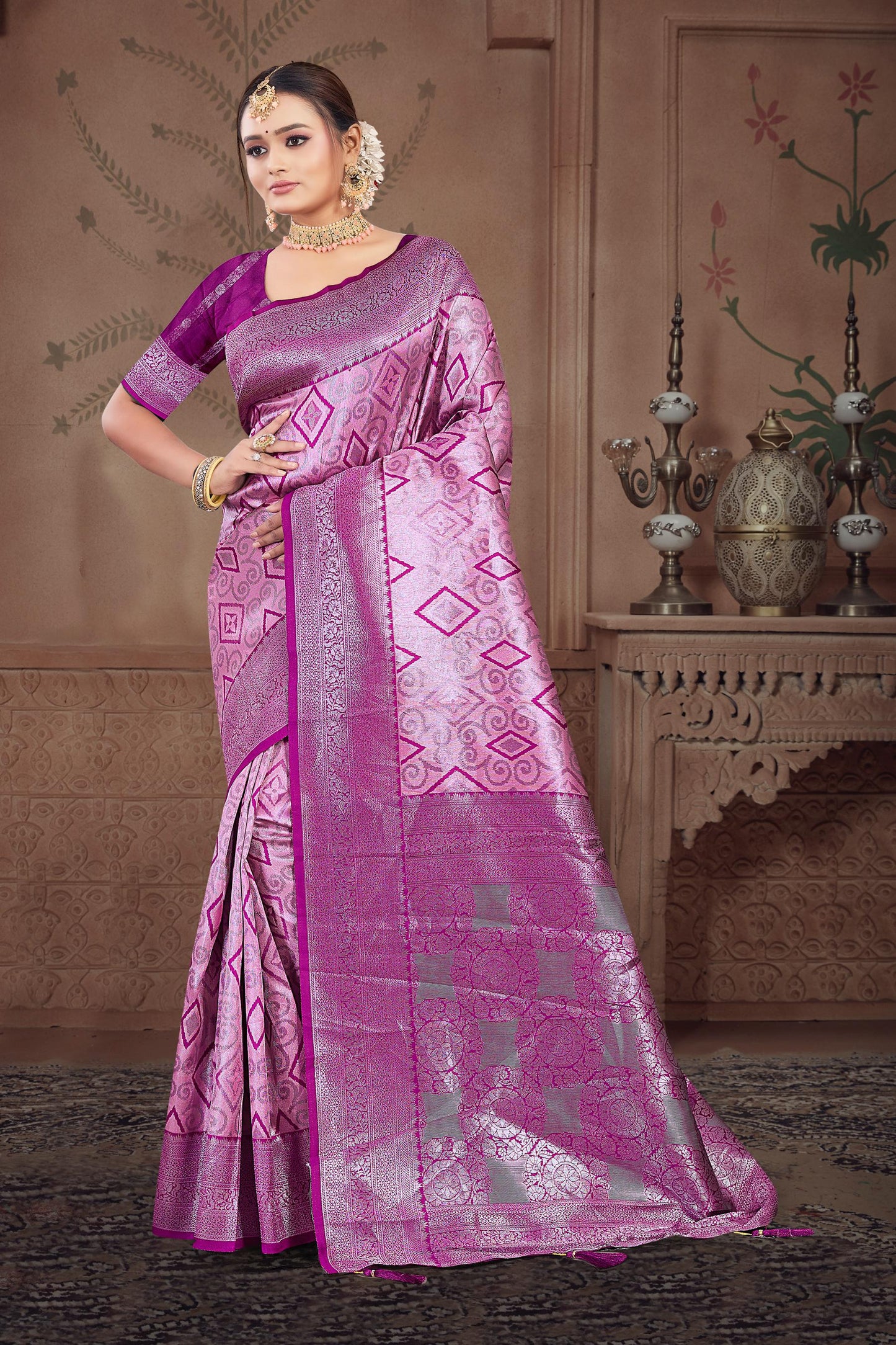 AJ-GEETANJALI PREMIUM SILVER PATTU SAREE WITH BEAUTIFUL BATIK PRINT ON BODY WITH SILVER JAREE BORDER WITH RICH PALLU AND TASSELS ATTACHED ON IT