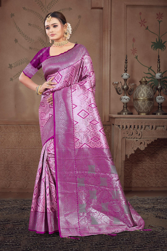 AJ-GEETANJALI PREMIUM SILVER PATTU SAREE WITH BEAUTIFUL BATIK PRINT ON BODY WITH SILVER JAREE BORDER WITH RICH PALLU AND TASSELS ATTACHED ON IT