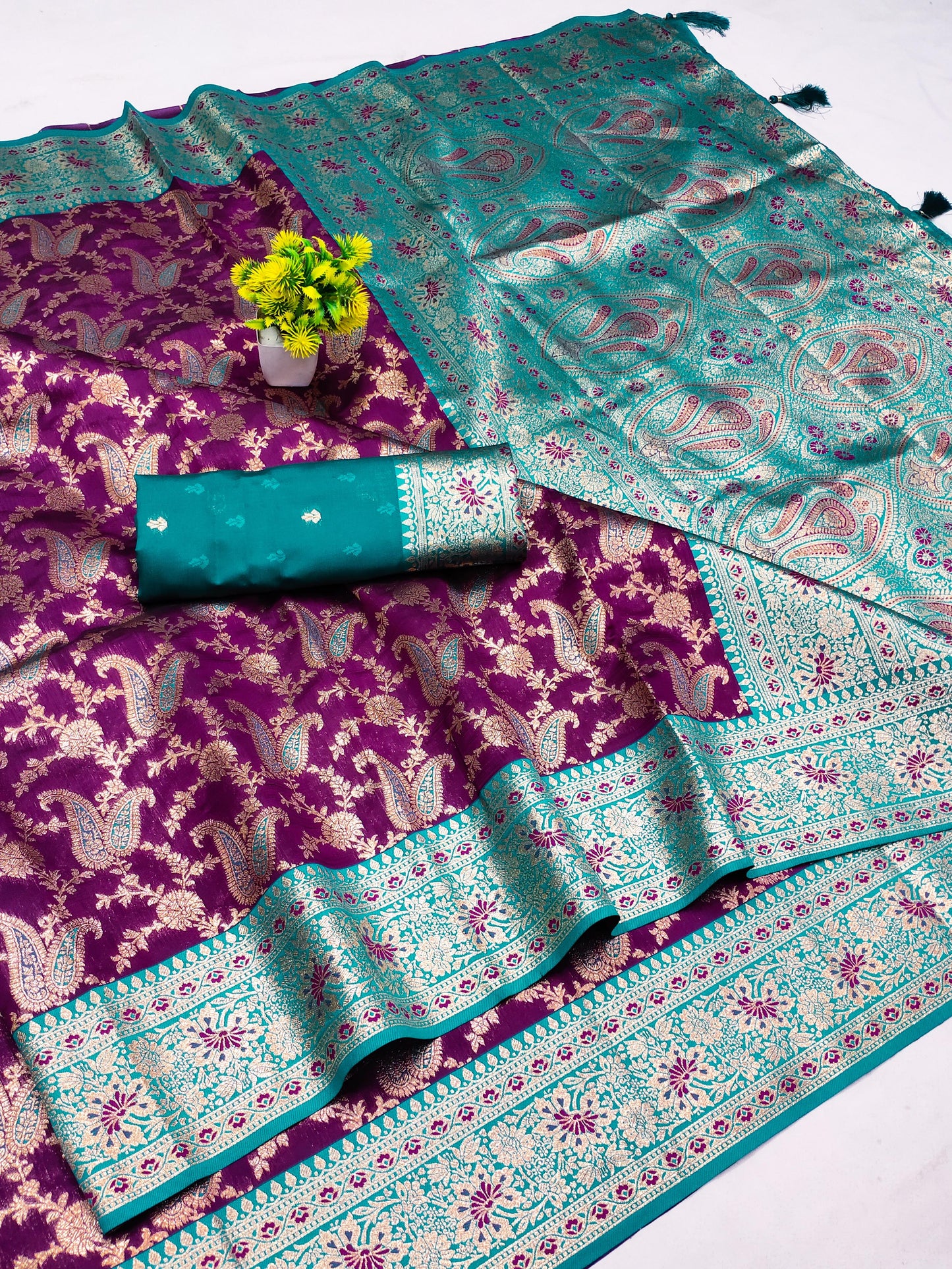 AJ-AISHWARIYA SOFT SILK SAREE WITH BEAUTIFUL CARRY DEISNG WITH MEENAKARI WORK WITH AWESOME PALLU WITH TASSELS ATTACHED