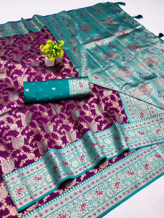 AJ-AISHWARIYA SOFT SILK SAREE WITH BEAUTIFUL CARRY DEISNG WITH MEENAKARI WORK WITH AWESOME PALLU WITH TASSELS ATTACHED